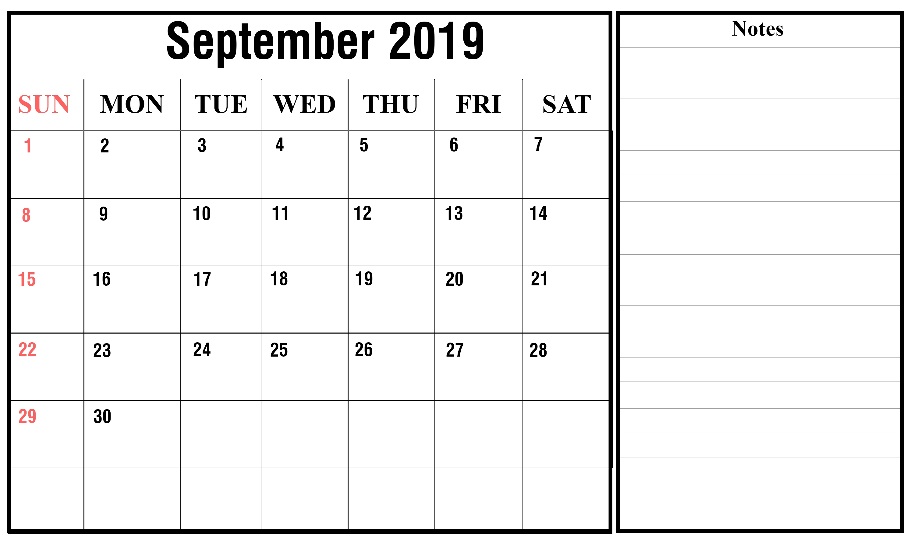 Free September 2019 Printable Calendar In Pdf, Excel &amp; Word for Printable Calendar 2019 With Lines