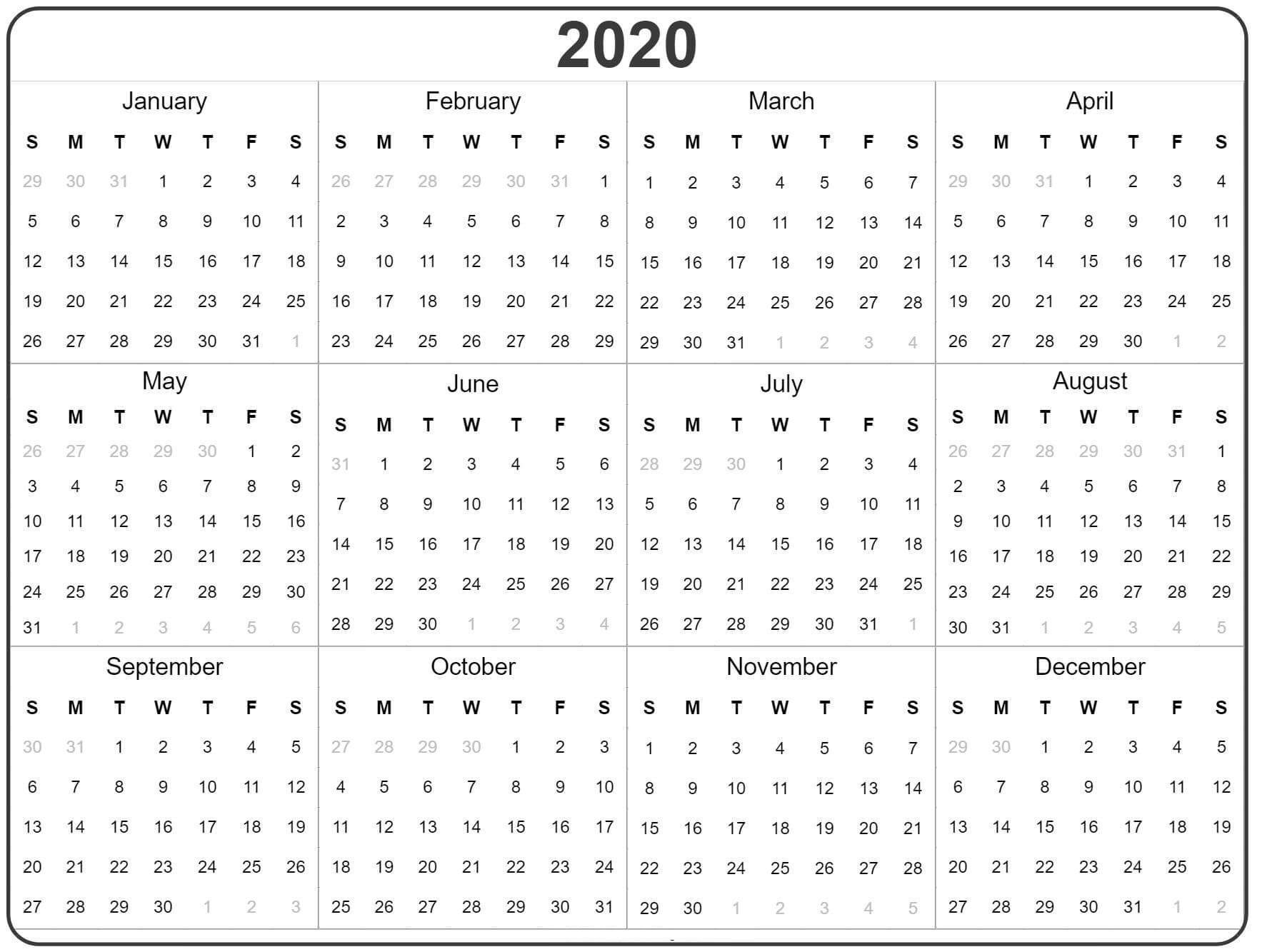 Free Yearly Calendar 2020 With Notes - 2019 Calendars For with 2020 Year T A Glance Calendar