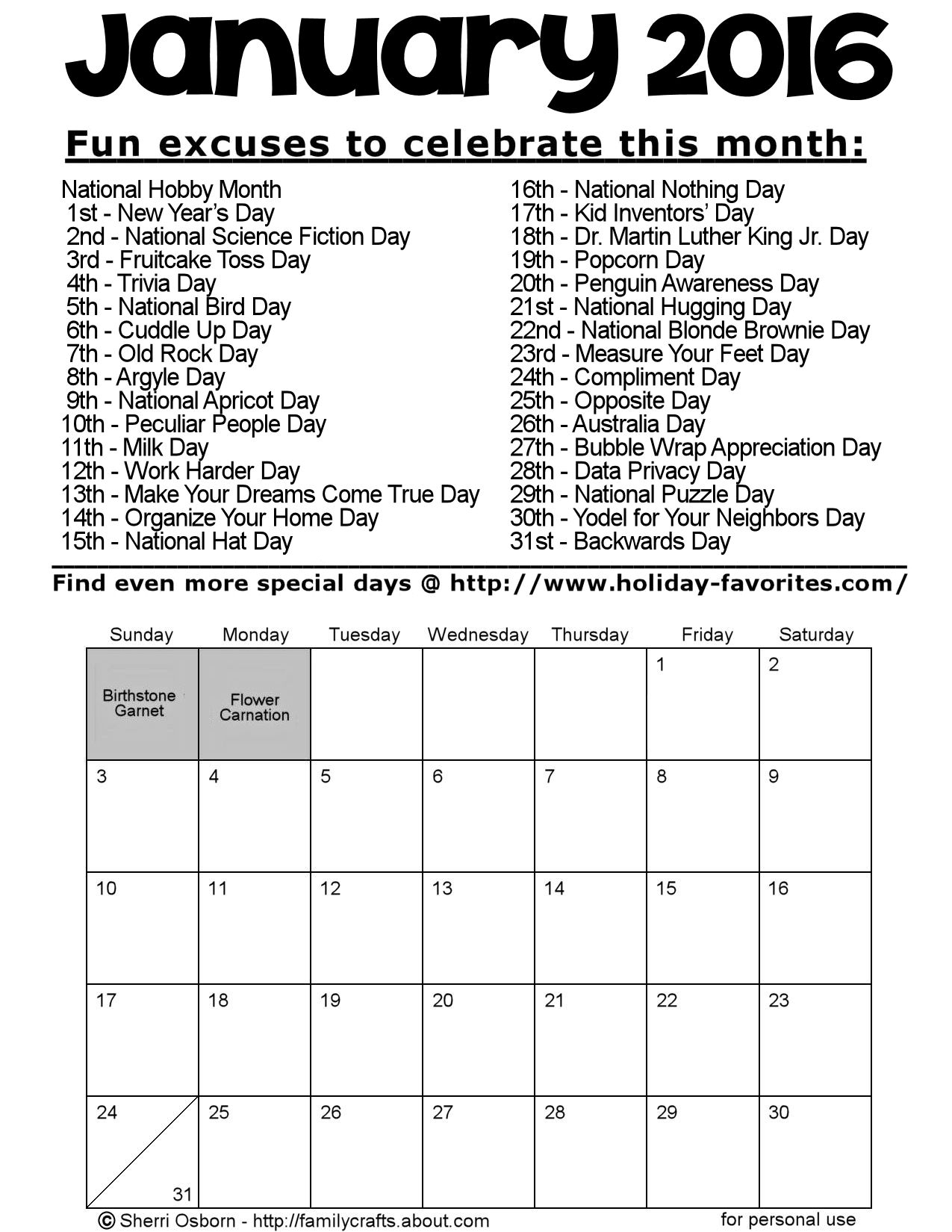 January-2016-Special-Days-Printable-Calendar | Holiday Favorites with regard to Calendar With All The Special Days