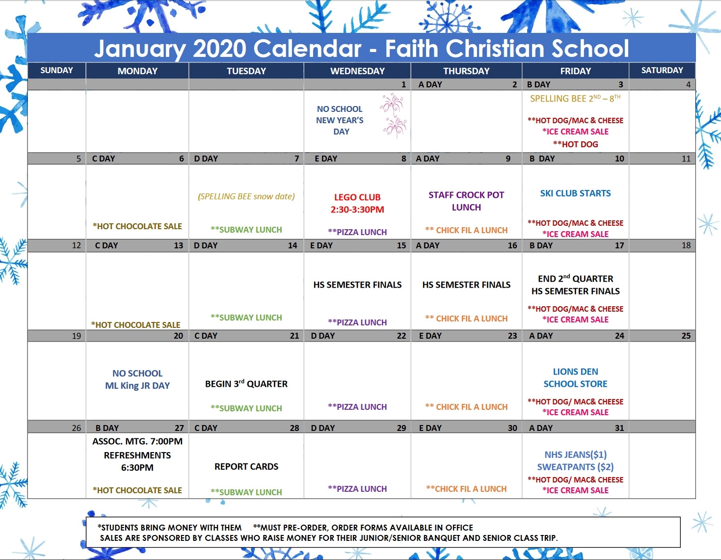 January 2020 Calendar – Faith Christian School in Chick Fil A Calendar 2020