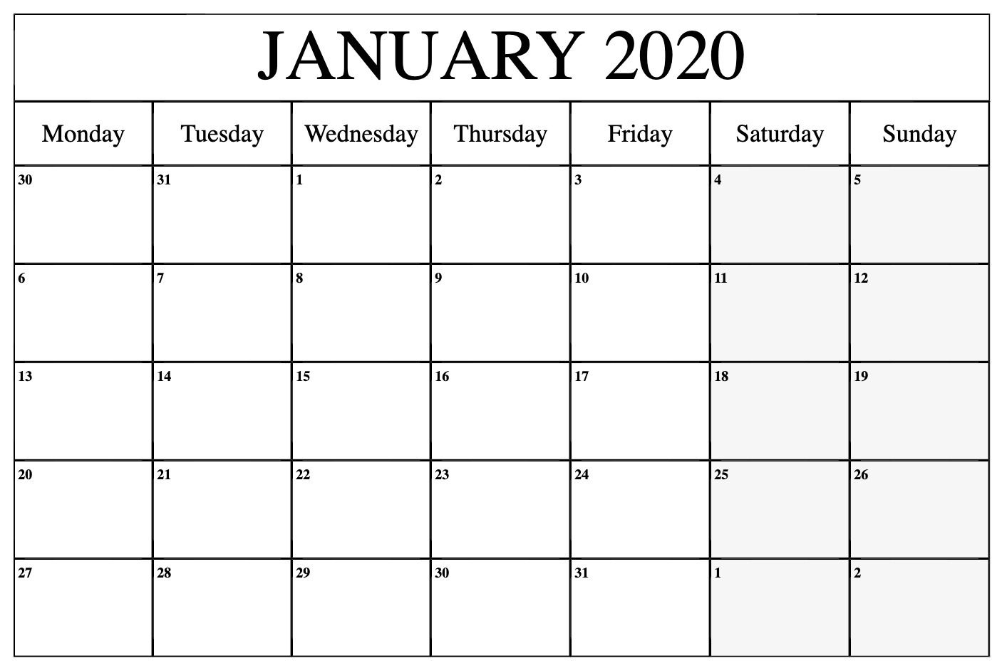 January 2020 Calendar Printable Monday | Printable Calendar intended for 2020 Calendar Printable Monday Sunday