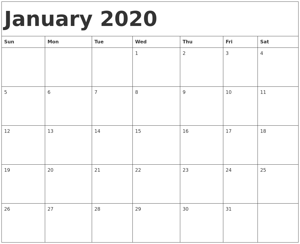 January 2020 Calendar Template inside 2020 Calendar Template Monday Sunday