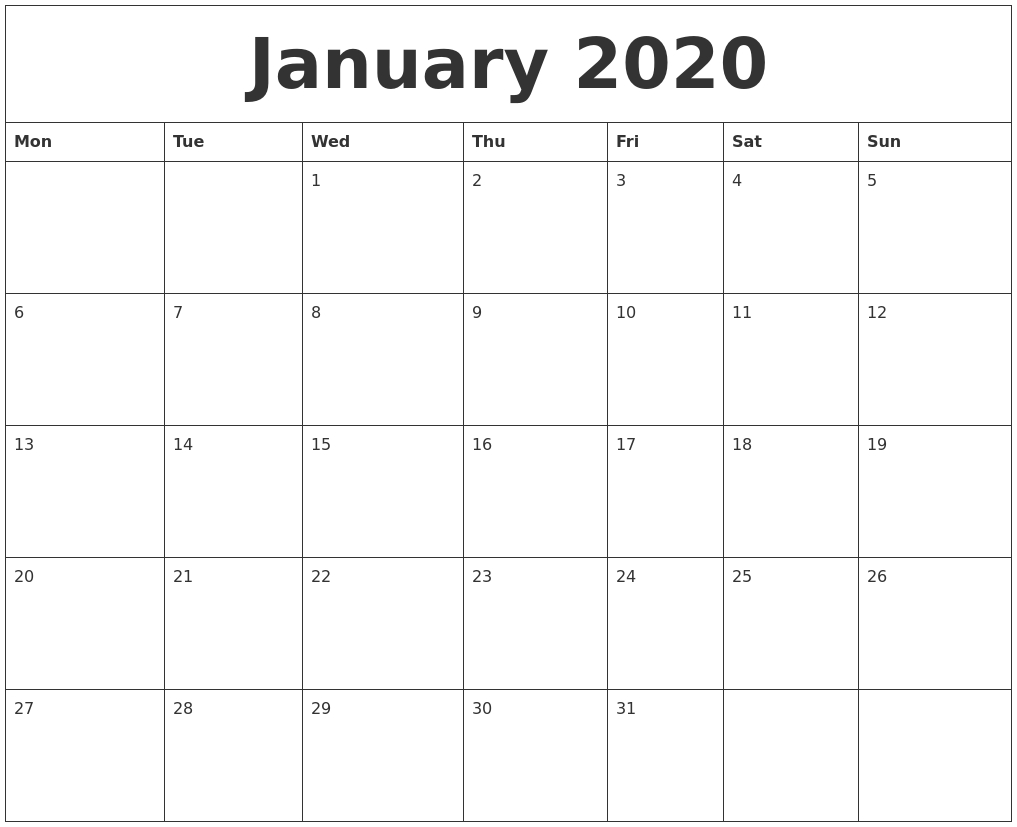 January 2020 Calendar within 2020 Printable Calendars Beginning With Monday