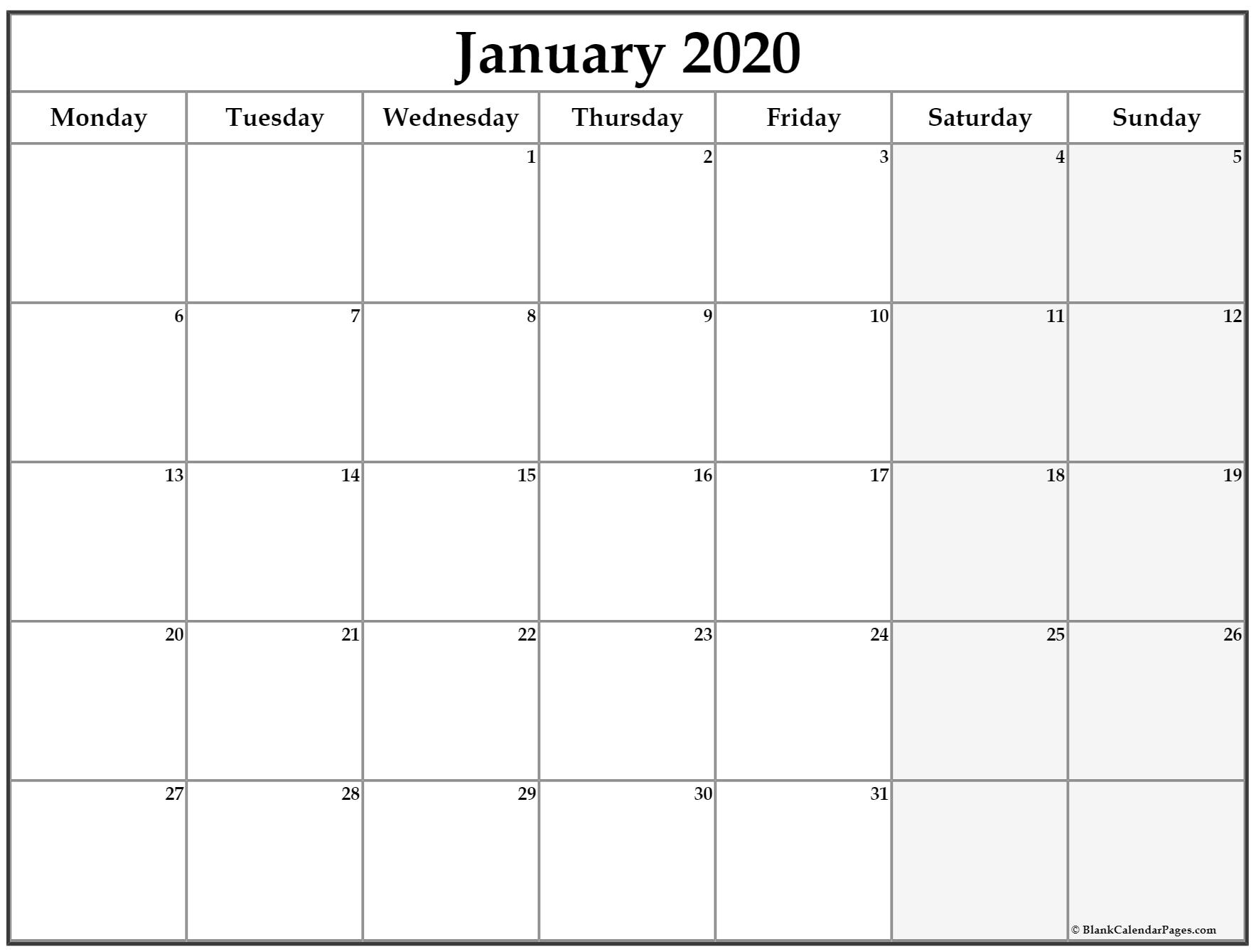 January 2020 Monday Calendar | Monday To Sunday in Calendaer 2020 Monday To Sunday