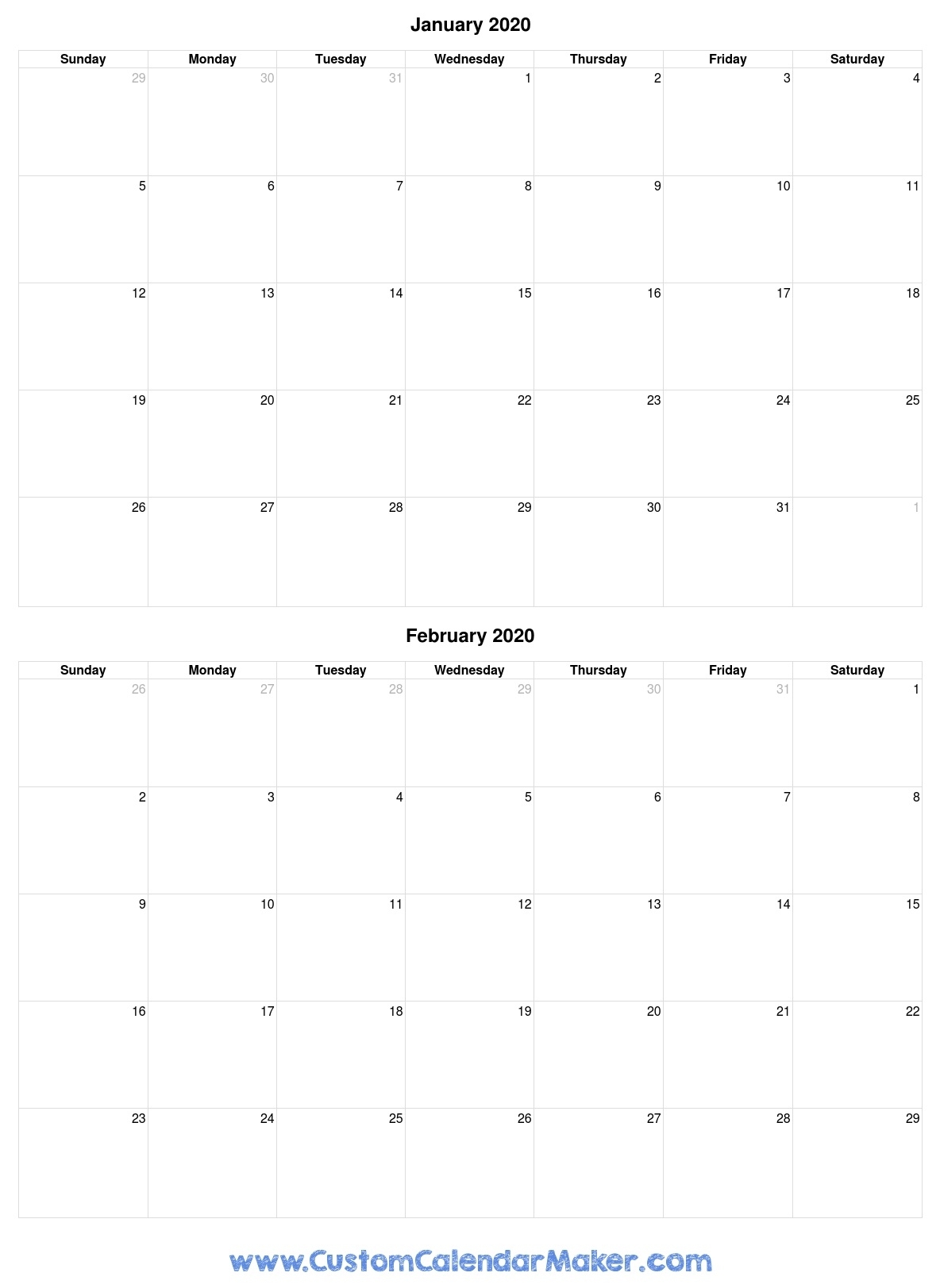Januray And February 2020 Free Printable Calendar Template throughout 2020 Fill In Calendar Fill In