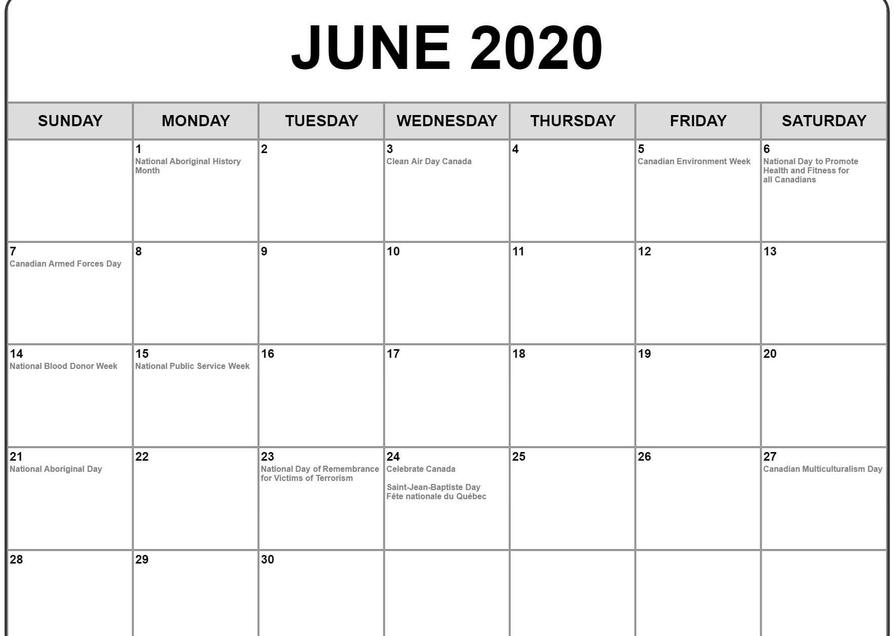 June 2020 Calendar With Holidays | Monthly Calendar Template intended for Printable Calendar 2020 Monthly With Holidays