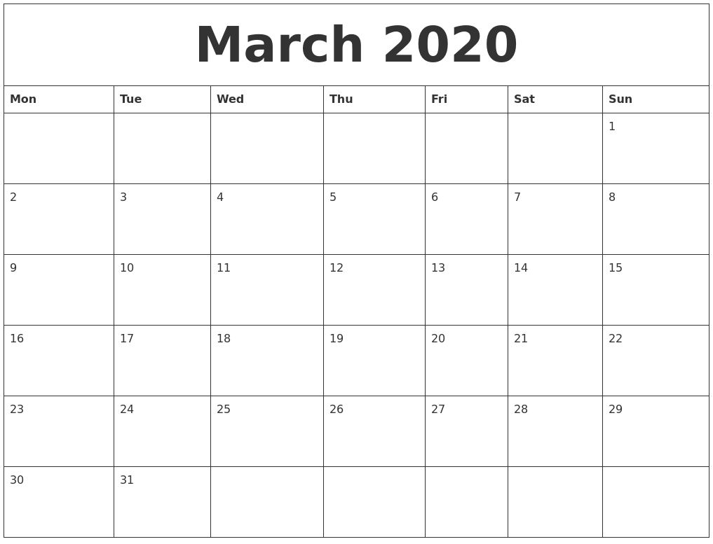 March 2020 Blank Printable Calendars in Blank Fill In Calendar 2020