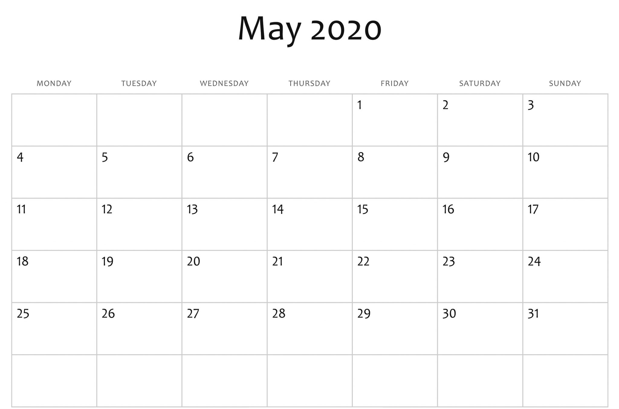 May 2020 Calendar Printable Blank Template Pdf Word Excel regarding Downloadable Calendar 2020 For Word