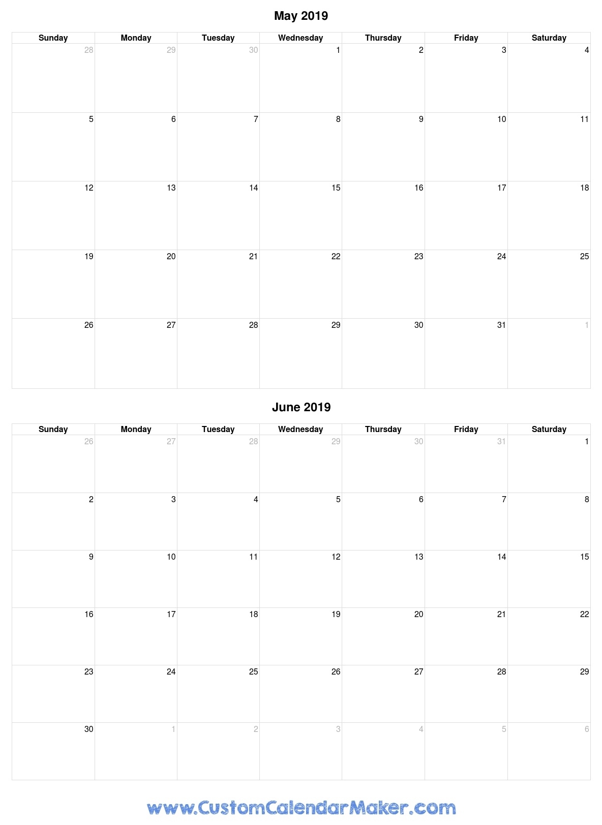 May And June 2019 Free Printable Calendar Template with regard to Printable Calendar 2019 With Lines