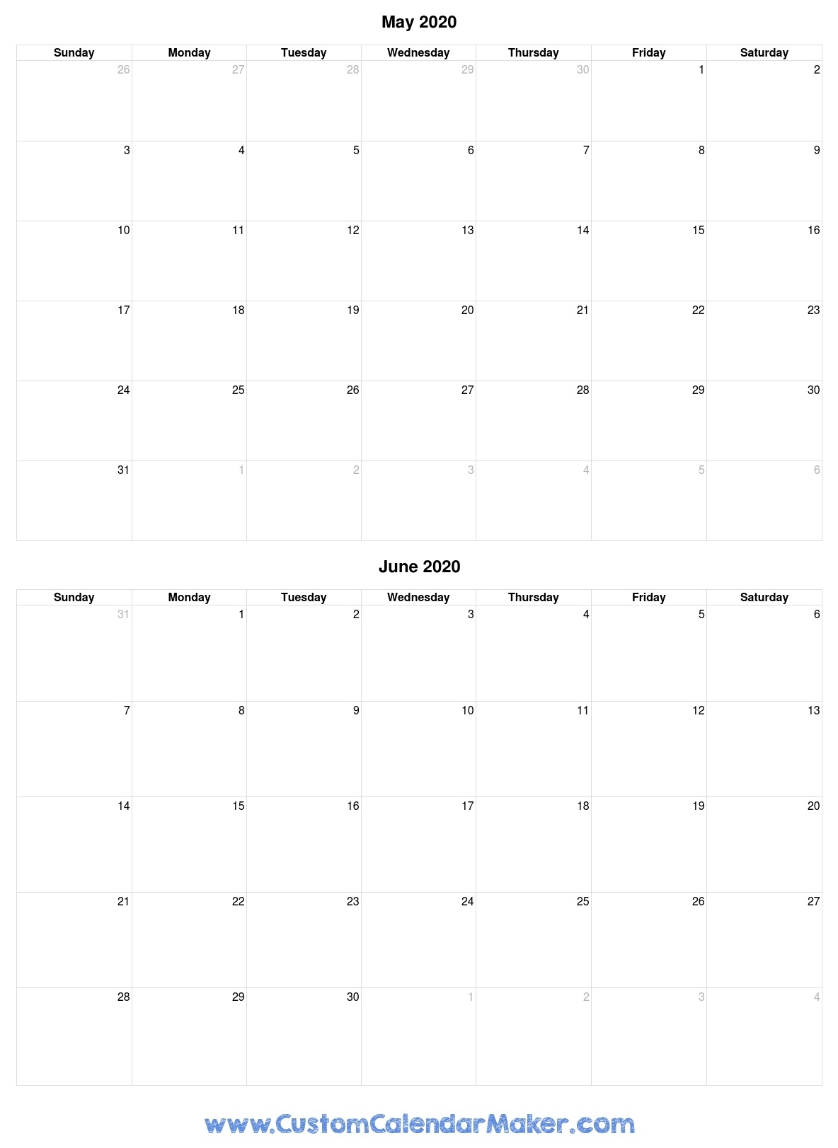 May And June 2020 Free Printable Calendar Template in 2020 Printable Fill In Calendar