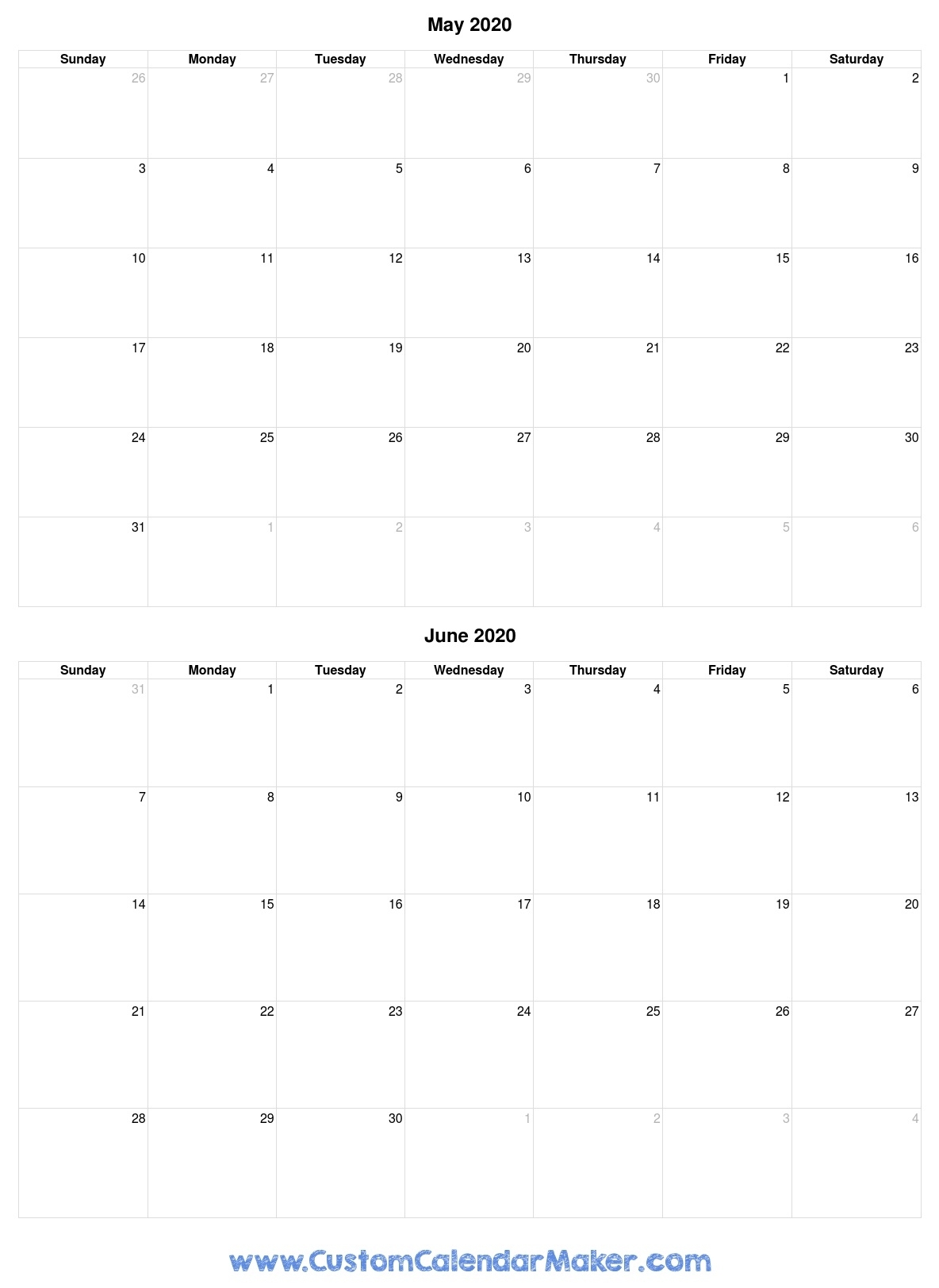 May And June 2020 Free Printable Calendar Template with regard to Printable Fill In Calendar For 2020