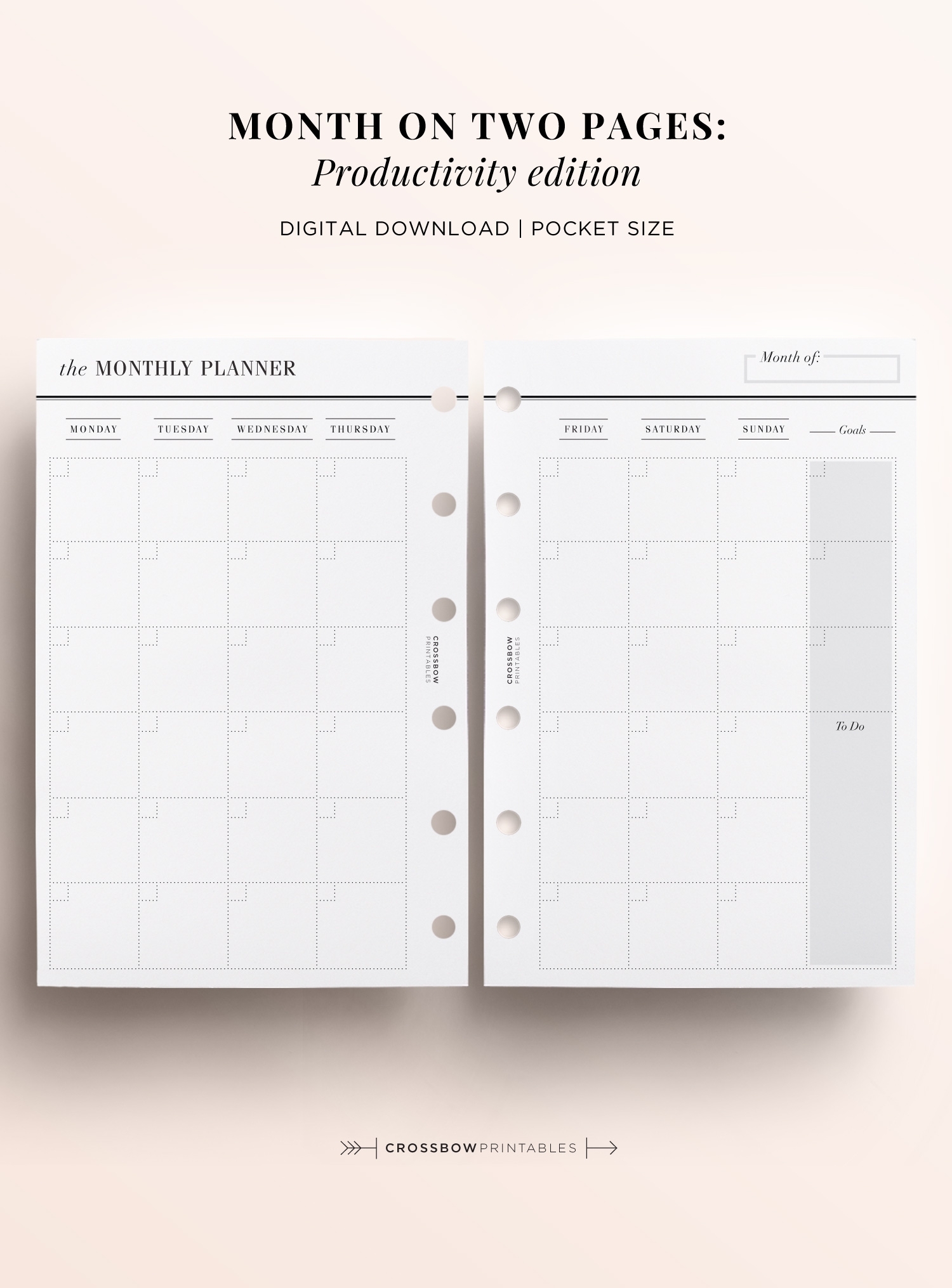 Month On Two Pages Productivity Edition: Printable Pocket Size Calendar pertaining to Pocket Size Monthly Calendar Printable