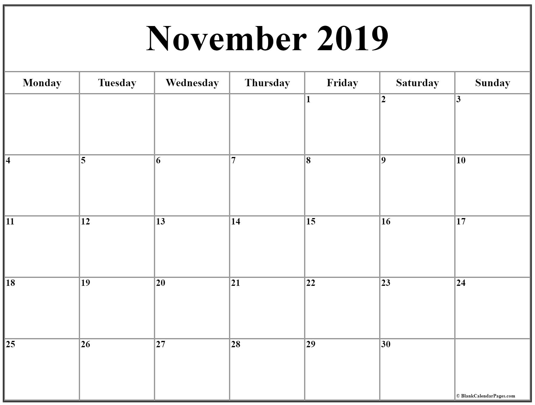 November 2019 Monday Calendar | Monday To Sunday throughout Printable Calendar Monday To Sunday