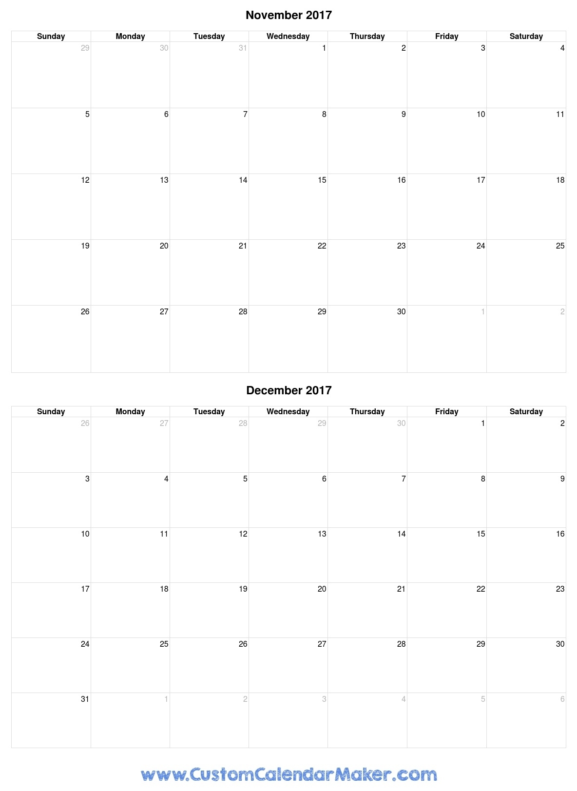 November And December 2017 Printable Calendar inside Nov Dec 2017 Calendar Printable