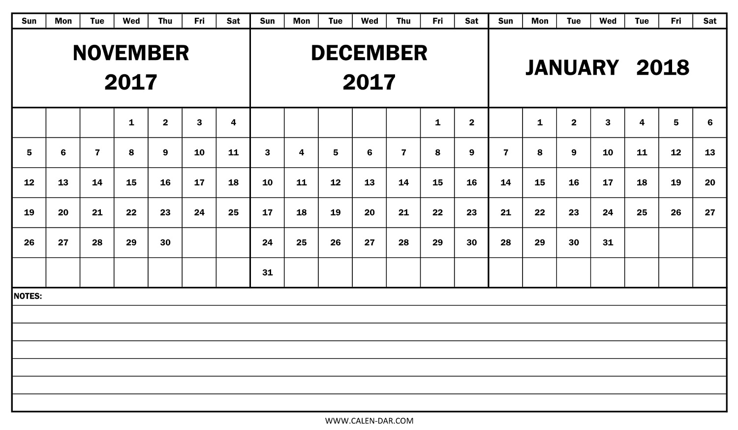 November December 2017 And January 2018 Calendar | 2017 And 2018 in Nov Dec 2017 Calendar Printable