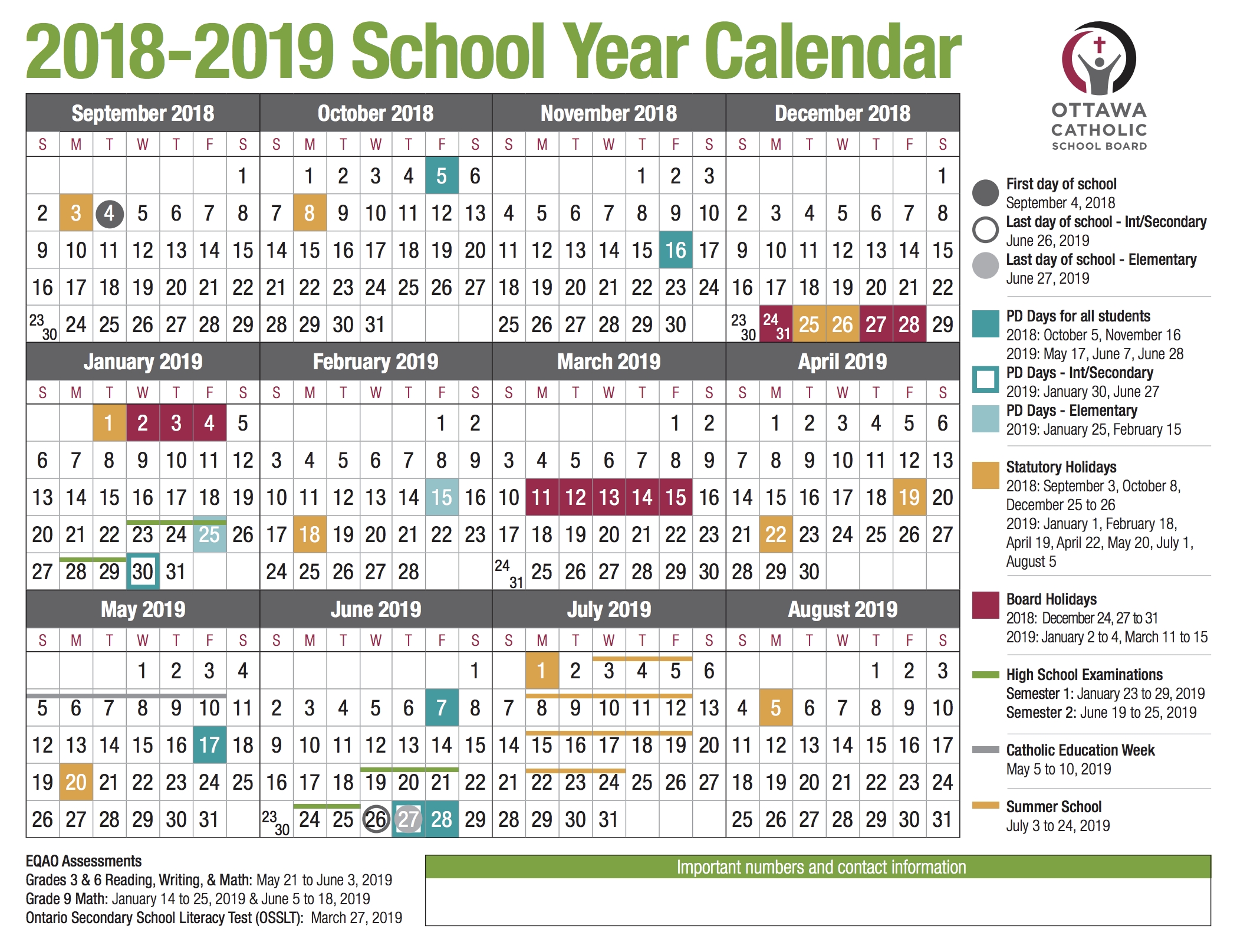 Ocsb-School-Year-Calendar-Image-2018-2019 - Ocsb throughout Special Days Calendat 2019 For Schools