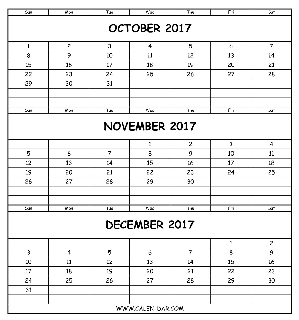 Oct Nov Dec 2017 Calendar Printable | Free 3 Months Calendar pertaining to Nov Dec 2017 Calendar Printable