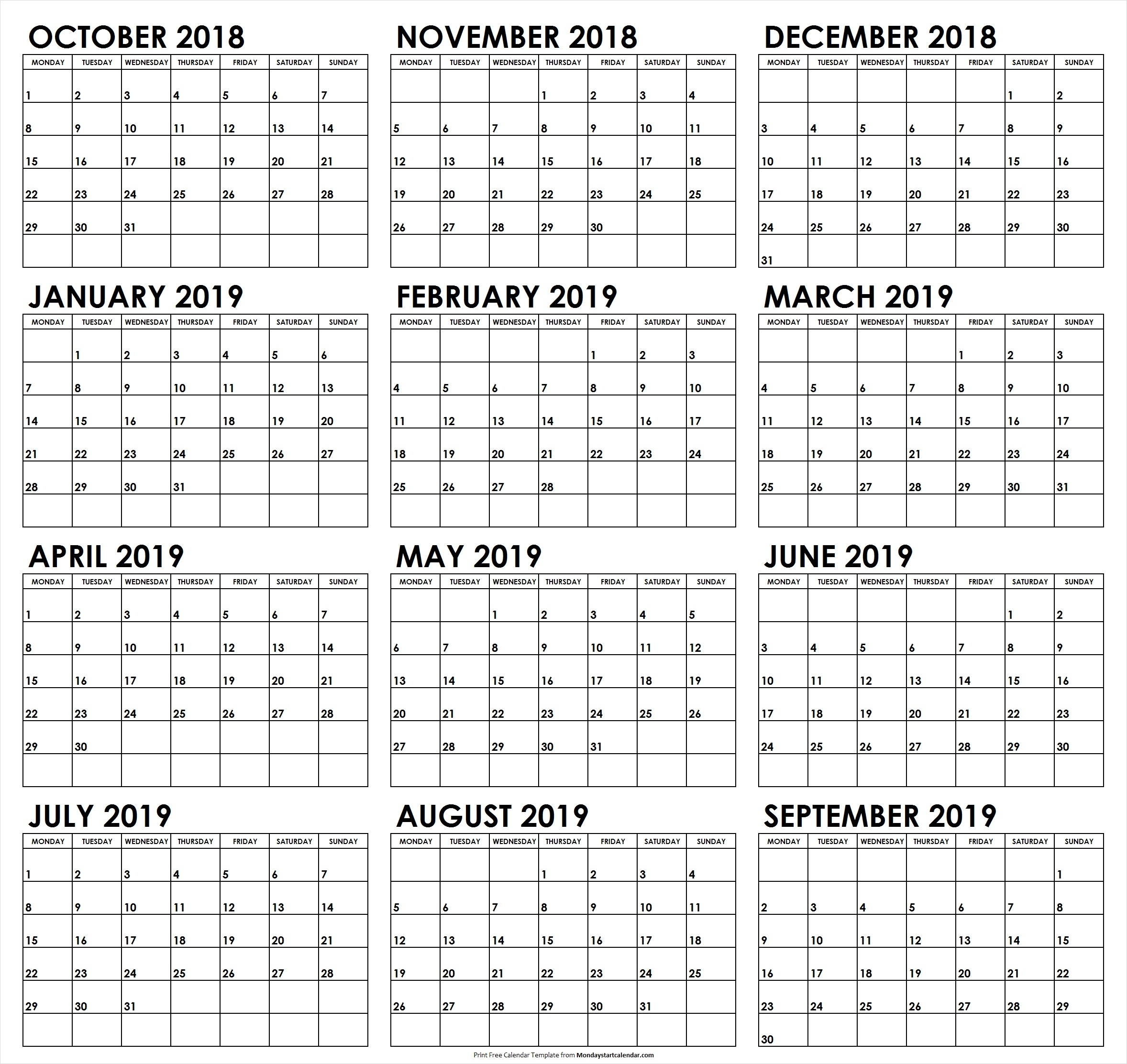 October 2018 To September 2019 Calendar Monday Start within Calendar 2019 Monday To Sunday