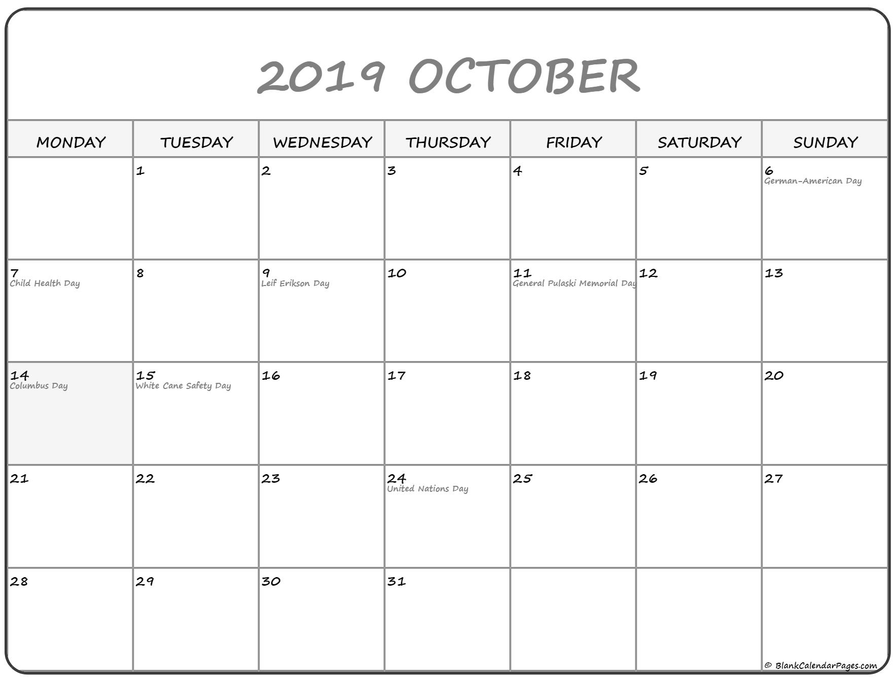 October 2019 Monday Calendar | Monday To Sunday throughout Calendar 2019 Monday To Sunday