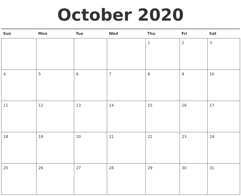 October 2020 Calendar Printable pertaining to 2020 Calendar Printable Monday Sunday