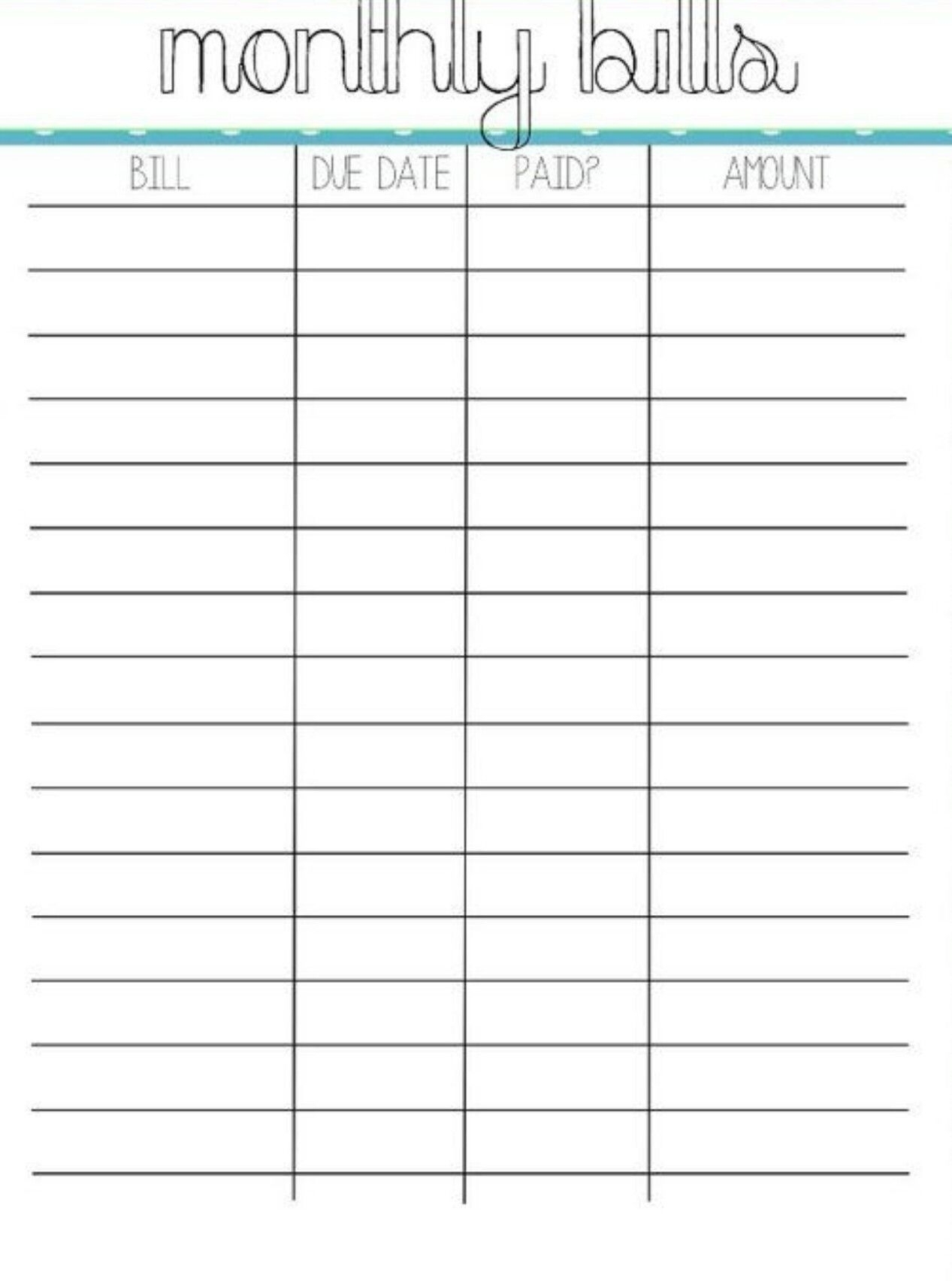 Bill Organizer Free Print Month Year