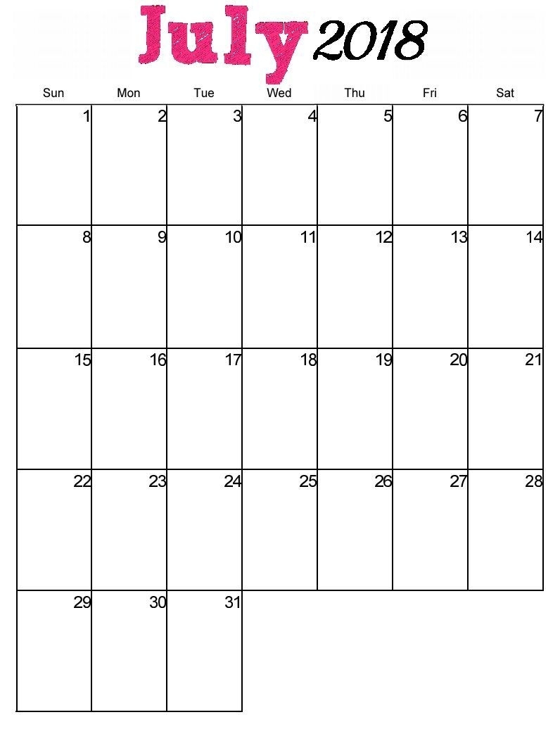 Pinprintable Calendar On Calendar July 2018 | Blank in Printable Calendar With Space To Write