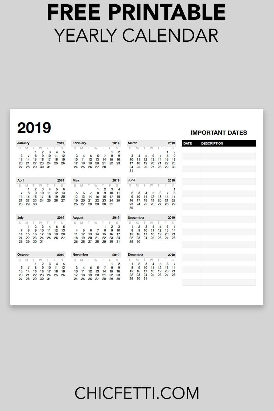 Printable 2019 Yearly Calendar | Yearly Calendar, Printable for Year At Glance Calendar Printable