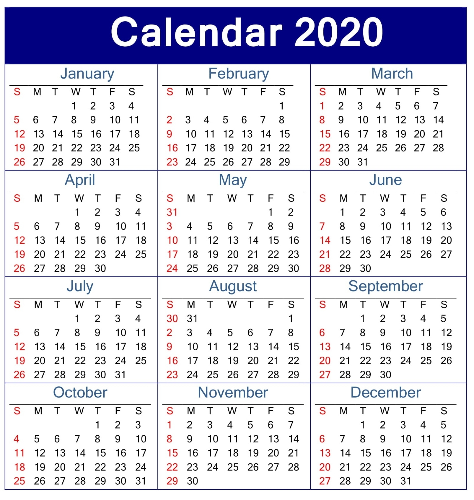 2020 Employee Attendance Calendar Printable