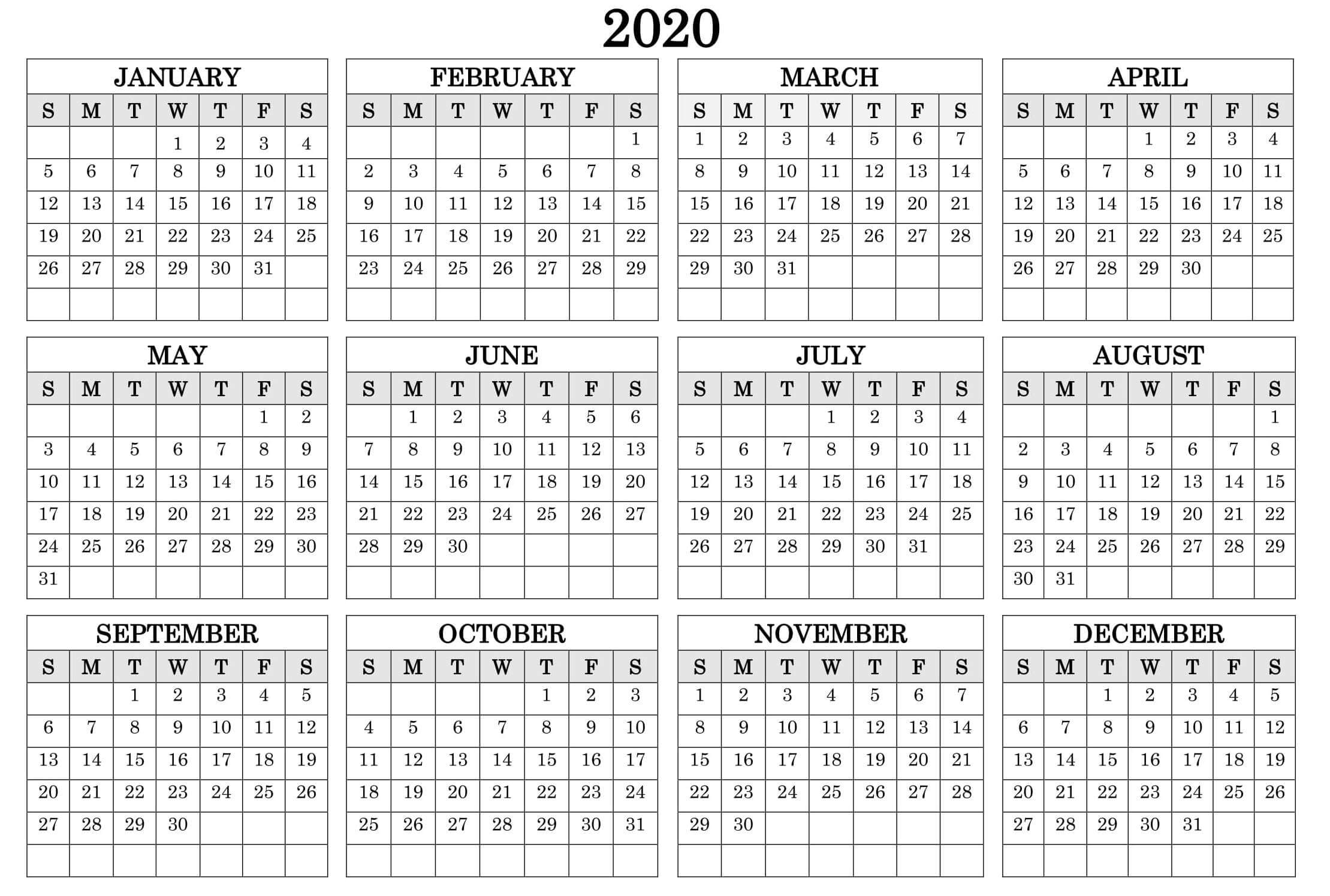 Printable Calendar Year 2020 Holidays Fillable Pdf - Set intended for Printable Calenar For 2020 With Space To Write