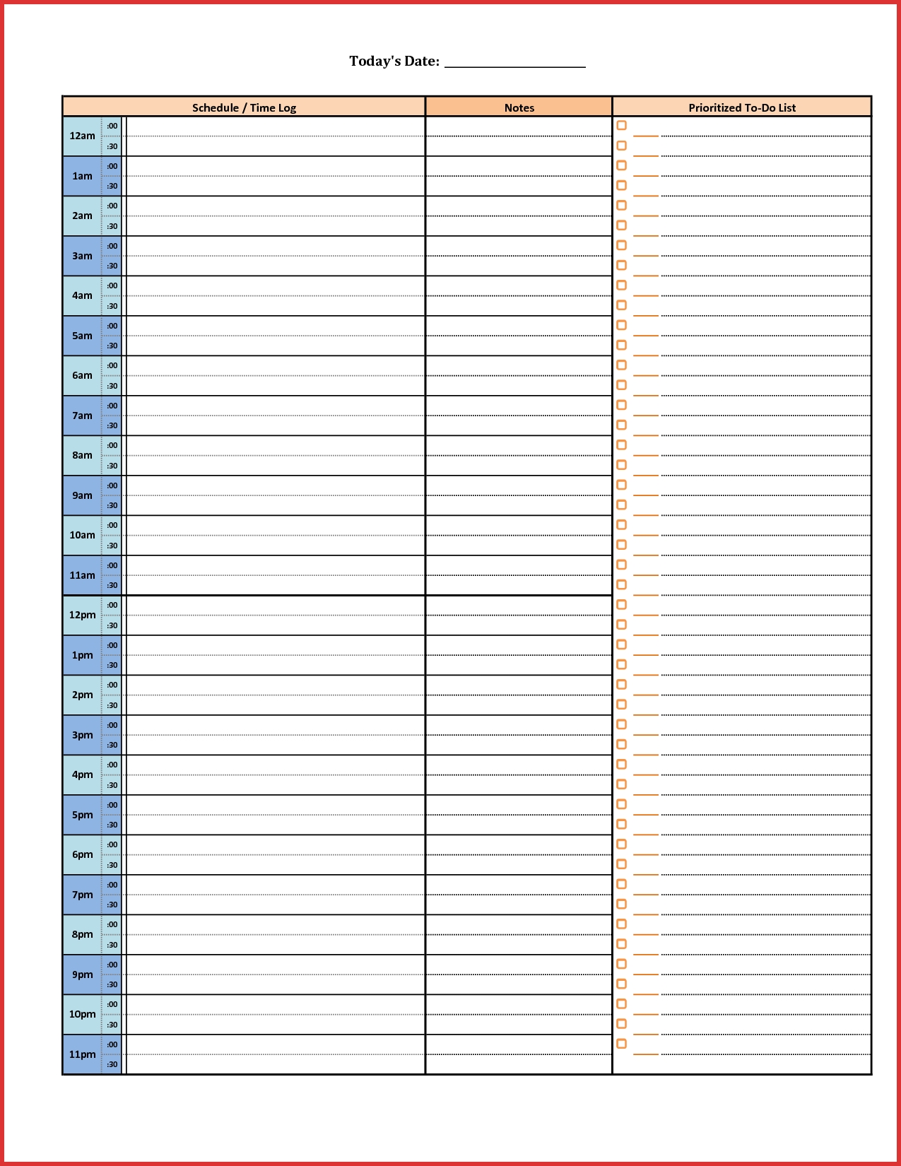 day hourly schedule template