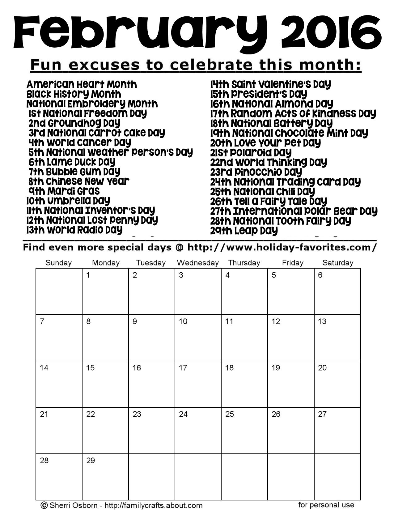 Printable February 2016 Special Days Calendar Page | Holiday regarding Calendar With All The Special Days