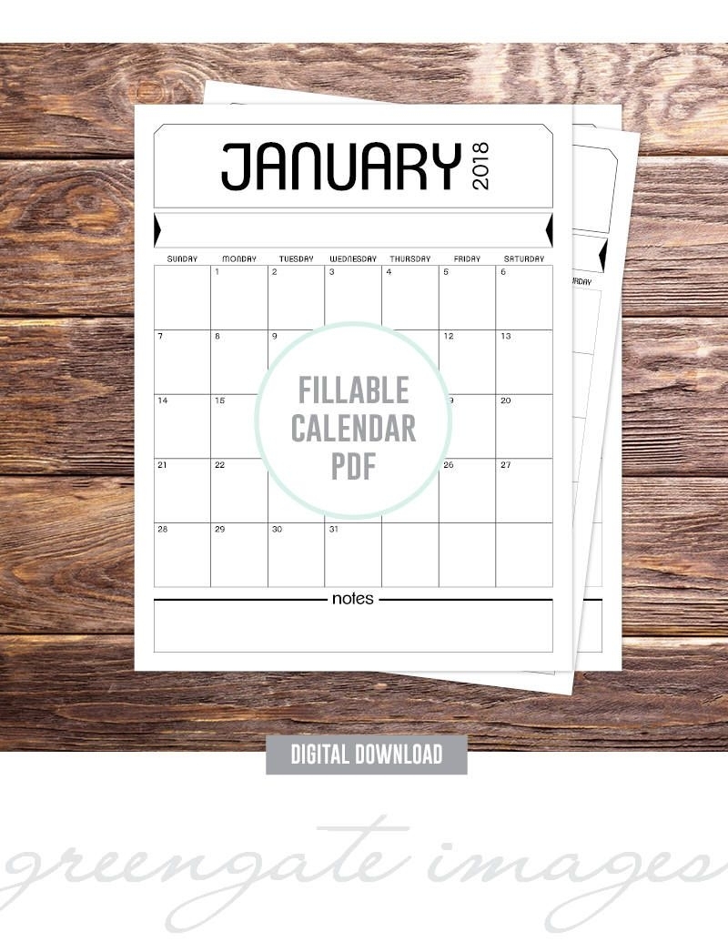 Printable Fillable Calendar Pdf - Editable Calendar, 2018 in 8.5 X 11 Calendar Template