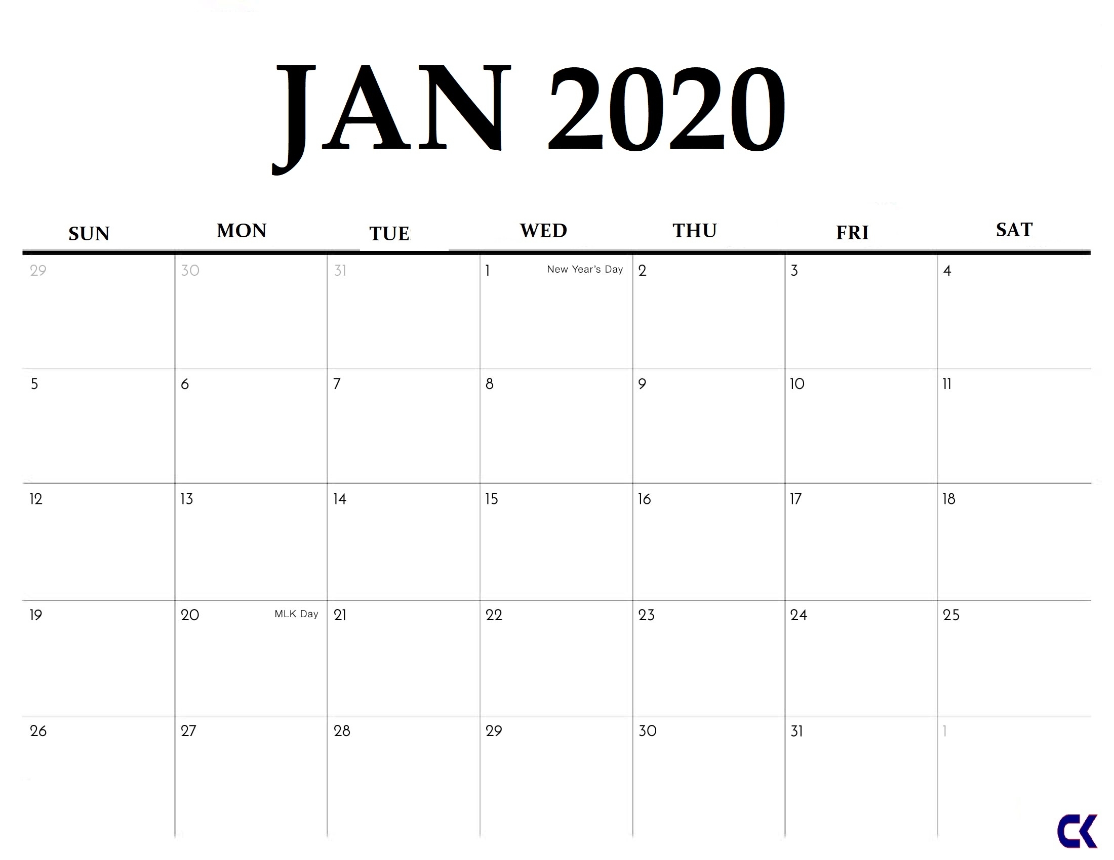 Printable January 2020 Calendar - within Printable Calenar For 2020 With Space To Write