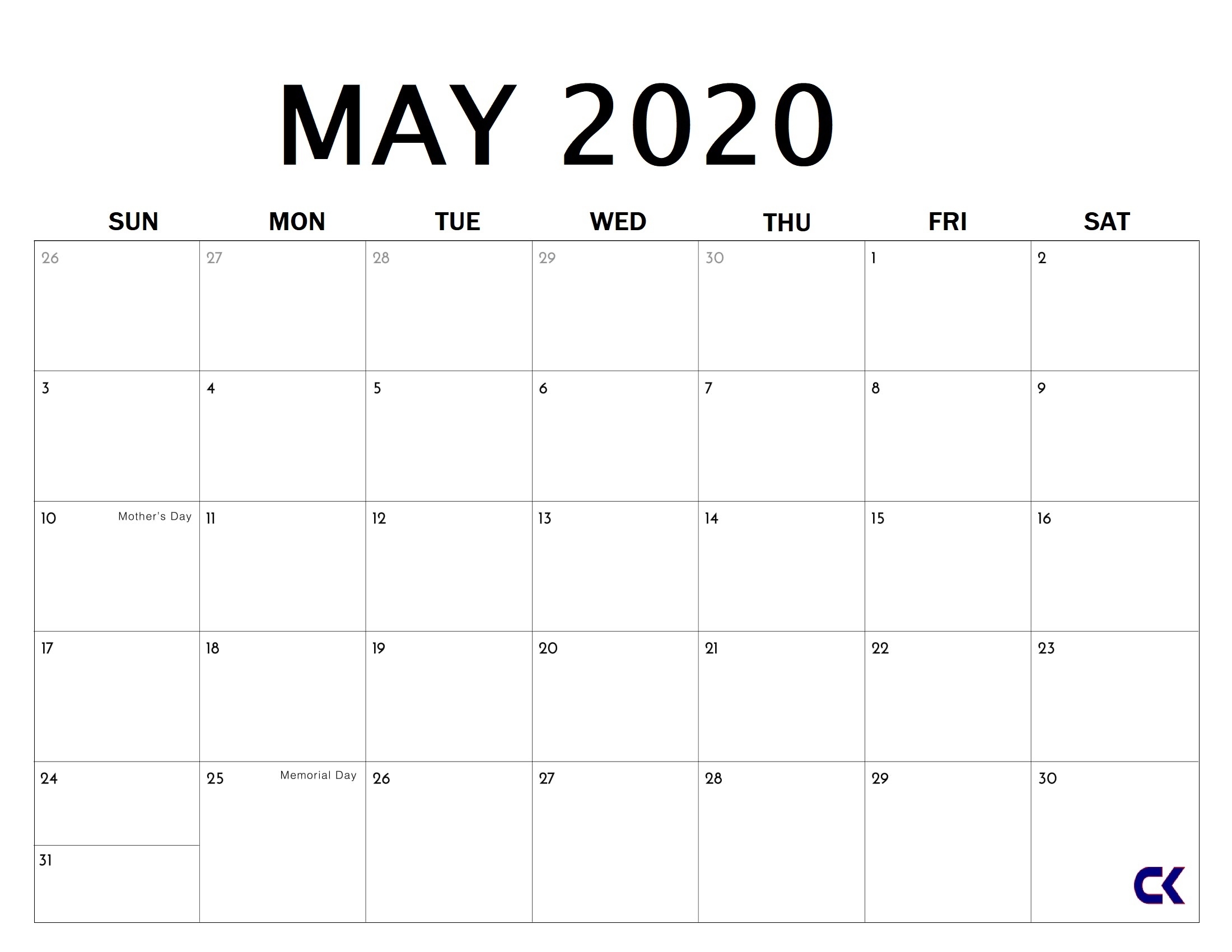 Printable May 2020 Calendar - throughout Free Weekly Catholic Calendar 2020