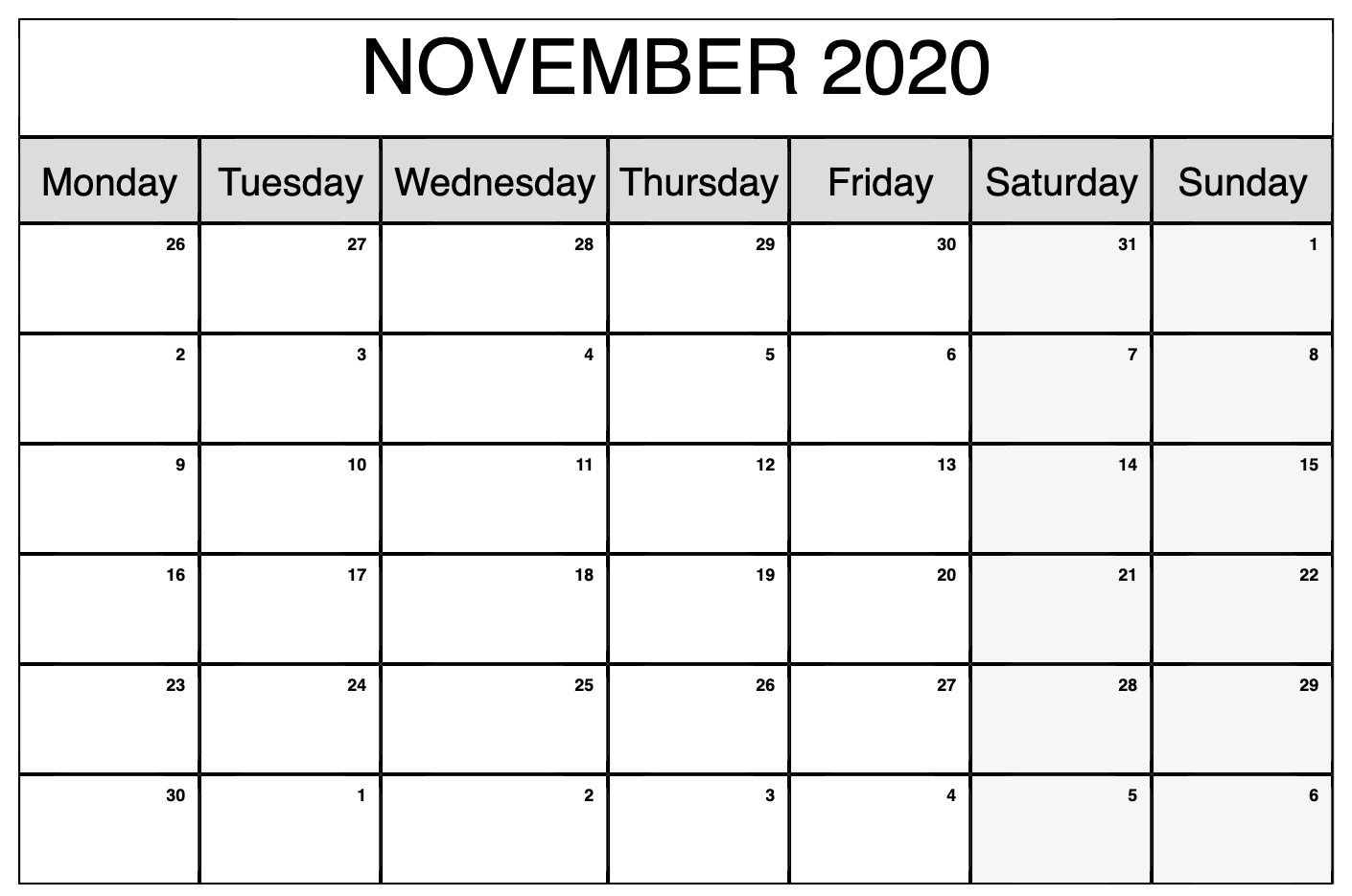 Printable November 2020 Calendar | Calendar, Custom Calendar for 2020 Calendar Printable Monday Sunday