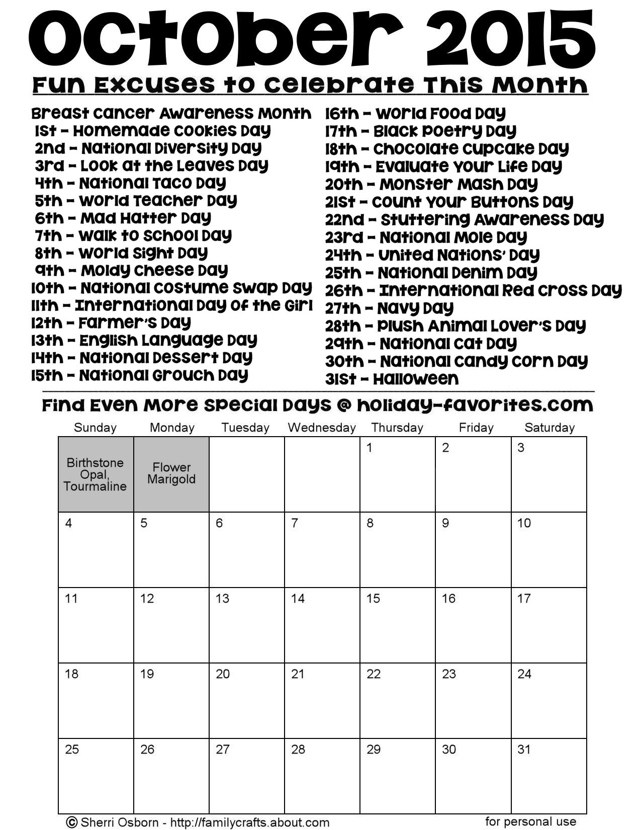 Printable October 2015 Special Days Calendar | Holiday Favorites intended for Calendar With All The Special Days