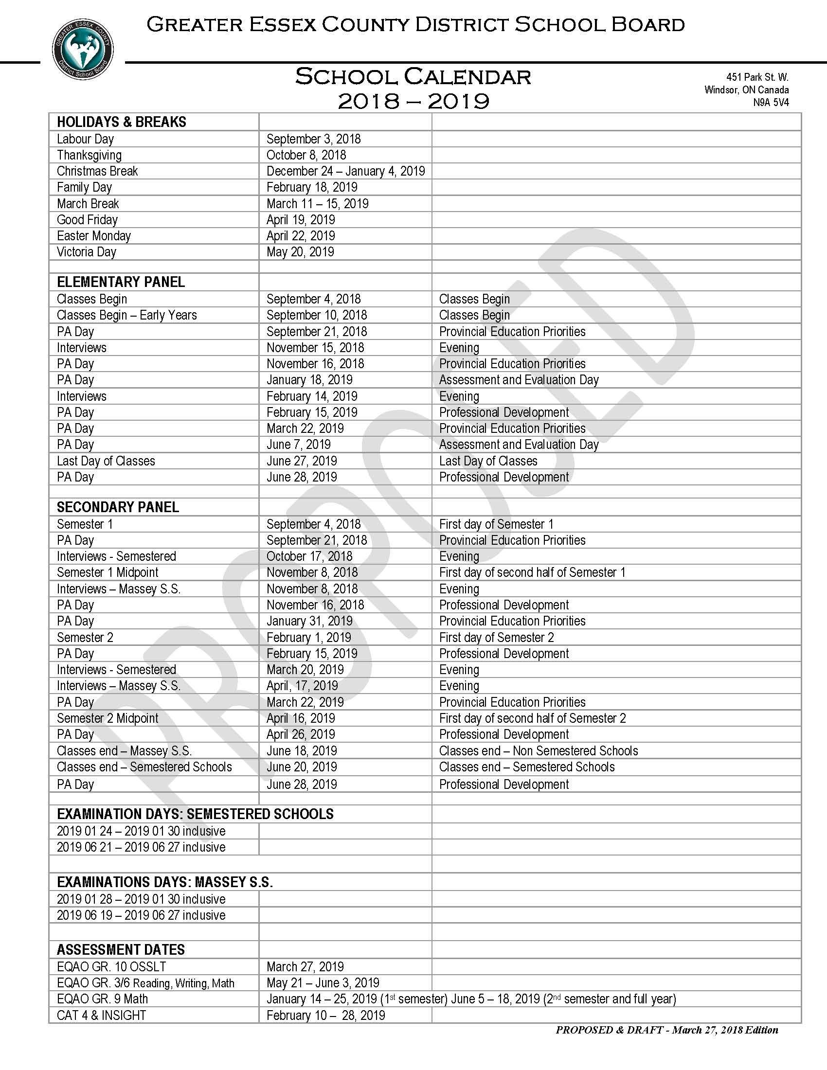 Proposed 2018-19 School Year Calendar - Greater Essex County for Special Days Calendat 2019 For Schools