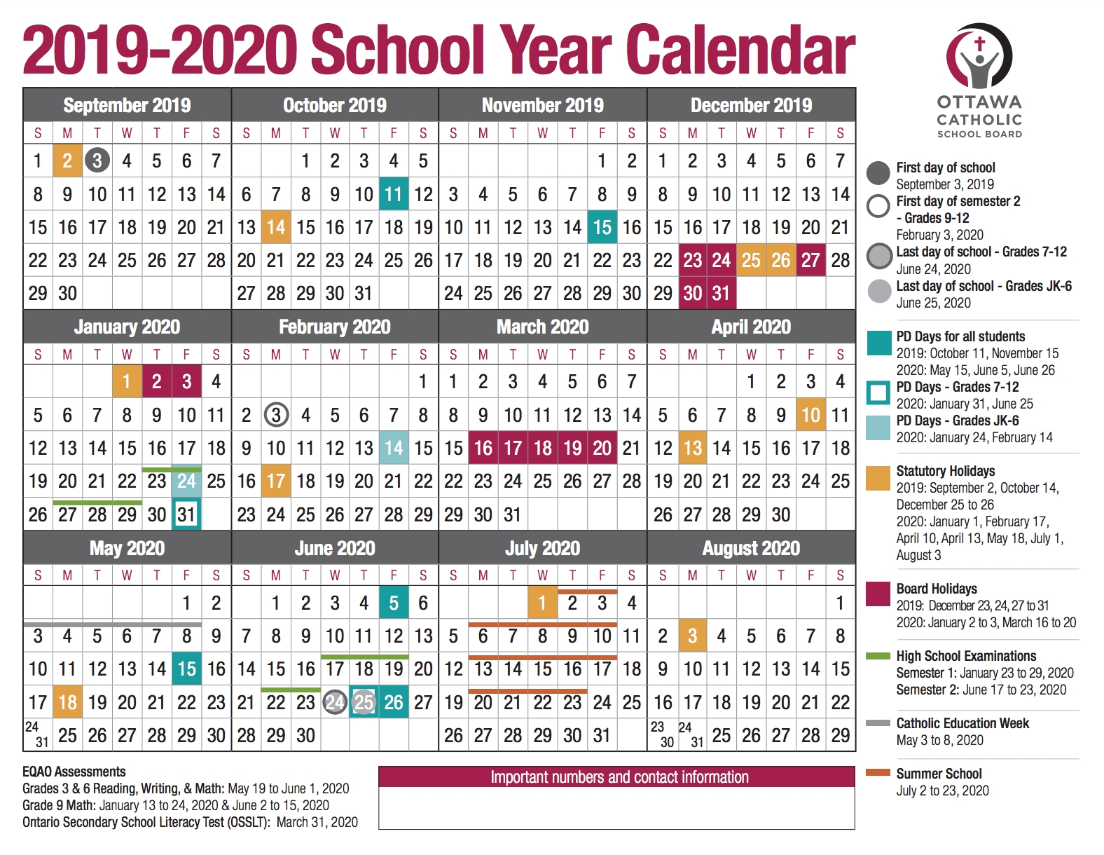 School Year Calendar From The Ocsb for Catholic Extension Calendar 2020 Free Pdf