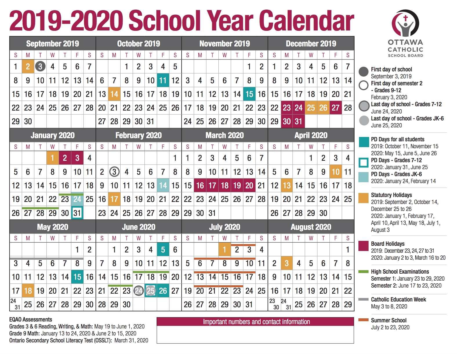 School Year Calendar From The Ocsb within Special Days For Schools 2019 - 2020