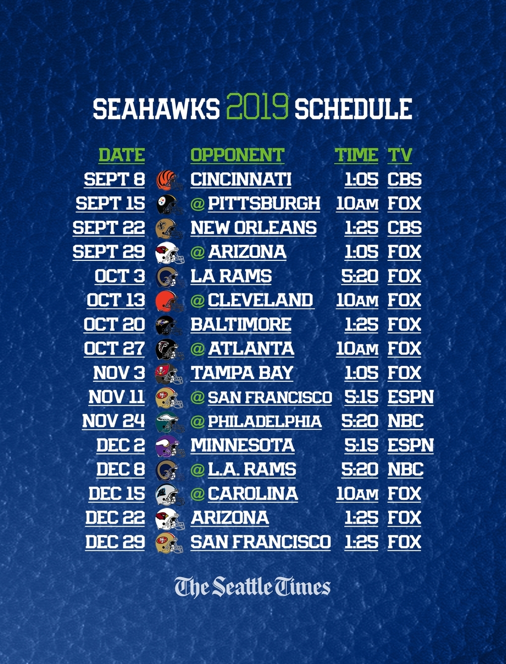 Seahawks 2019 Regular-Season Schedule Is Set — Seattle Will in 2019 2020 Nfl Schedule Printable
