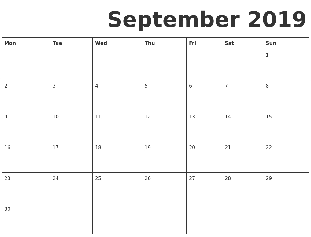 September 2019 Free Printable Calendar intended for Printable Calendar 2019 With Lines