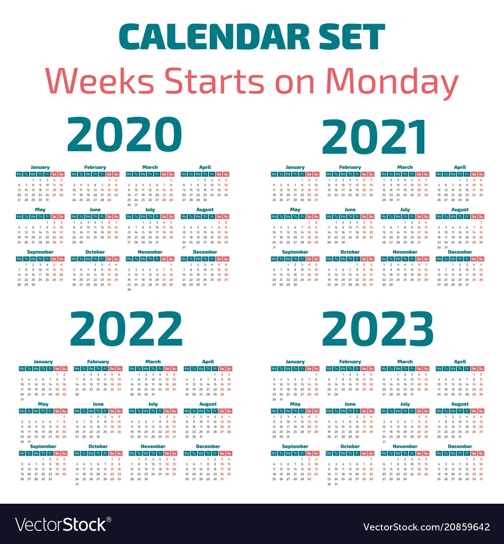 Simple 2020-2023 Years Calendar for Calendar For 2020 To 2023