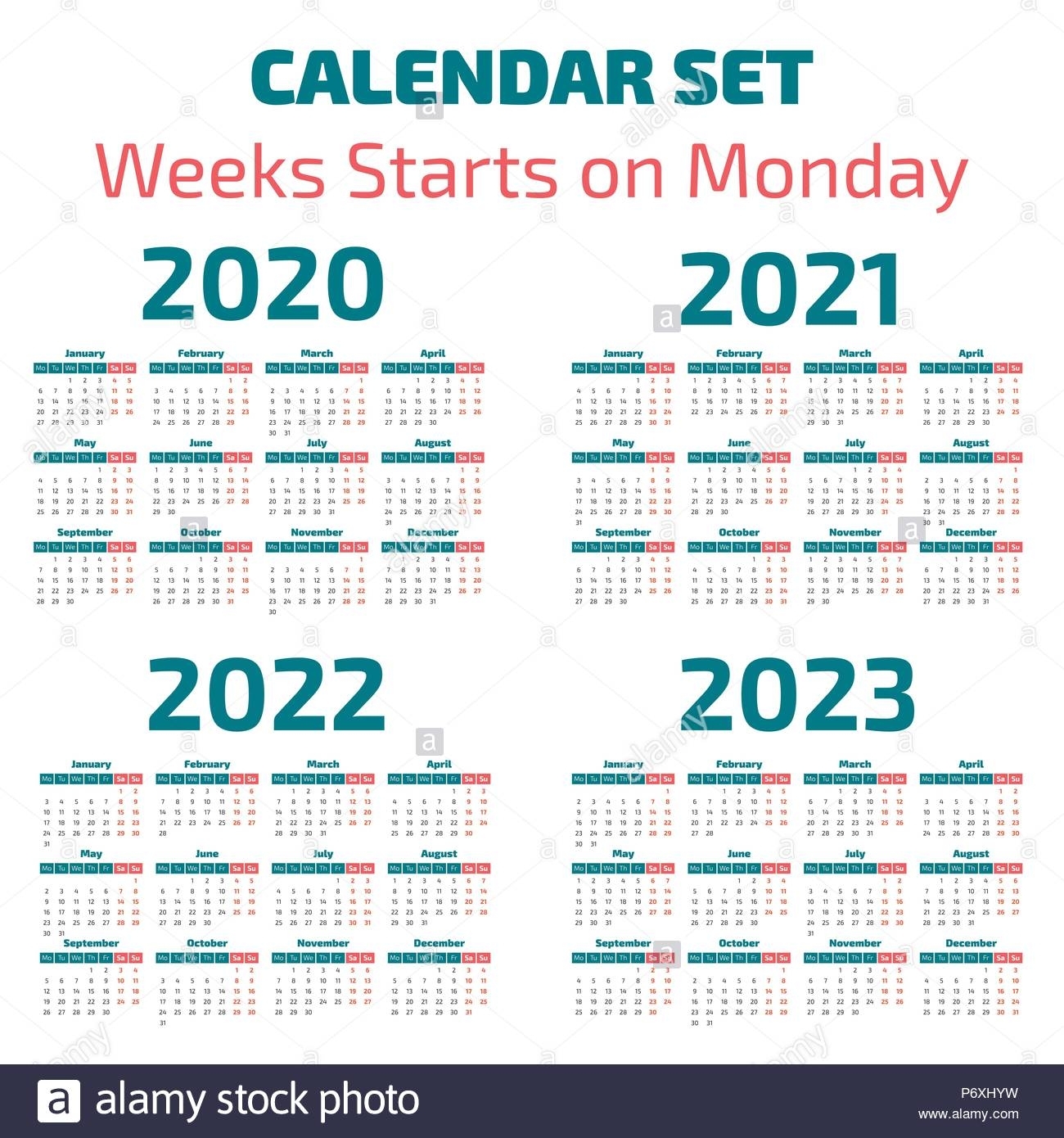 Simple 2020-2023 Years Calendar, Week Starts On Monday Stock with Calendar For 2020 To 2023