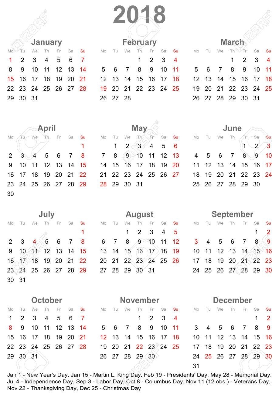 Simple Calendar 2018 - One Year At A Glance - Starts Monday With.. with regard to Year At A Glace Calendar