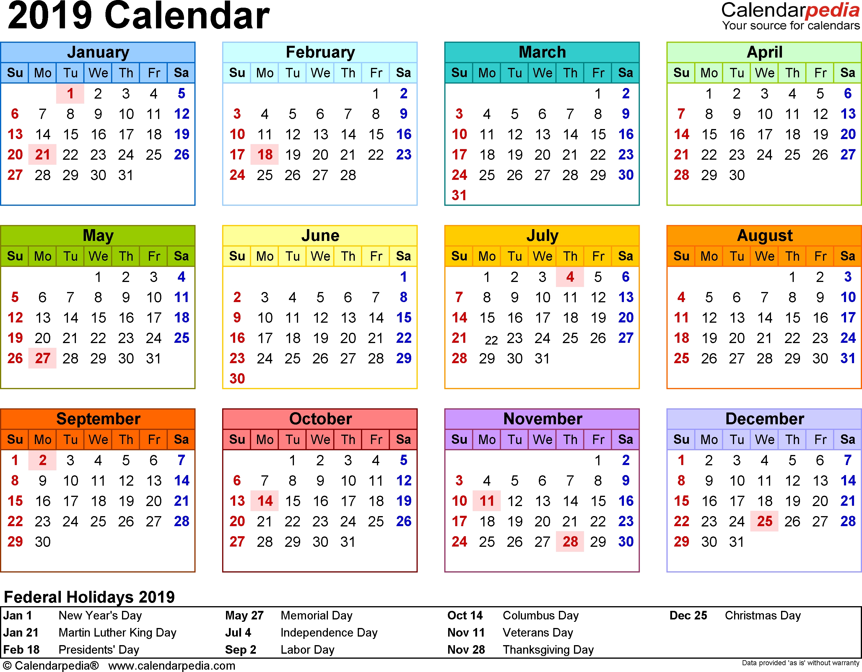 Template 8: 2019 Calendar For Word, Year At A Glance, 1 Page within Calander At A Glance 2020 Excel