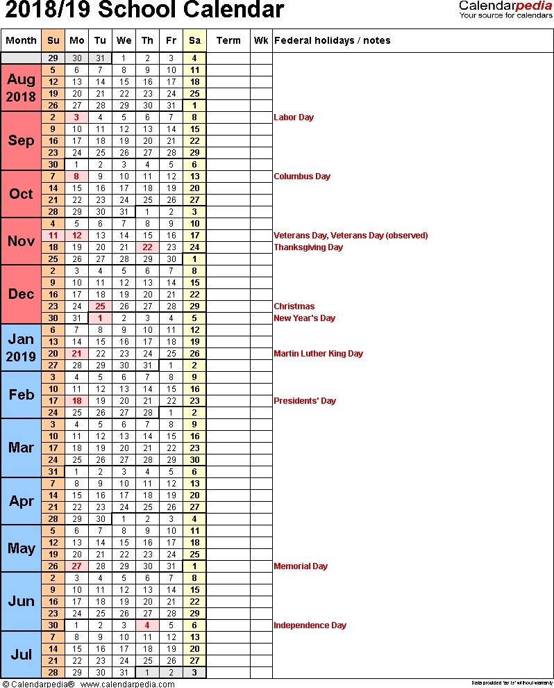 Template 8: School Year Calendar 2018/19 As Word Template intended for Special Days Calendat 2019 For Schools