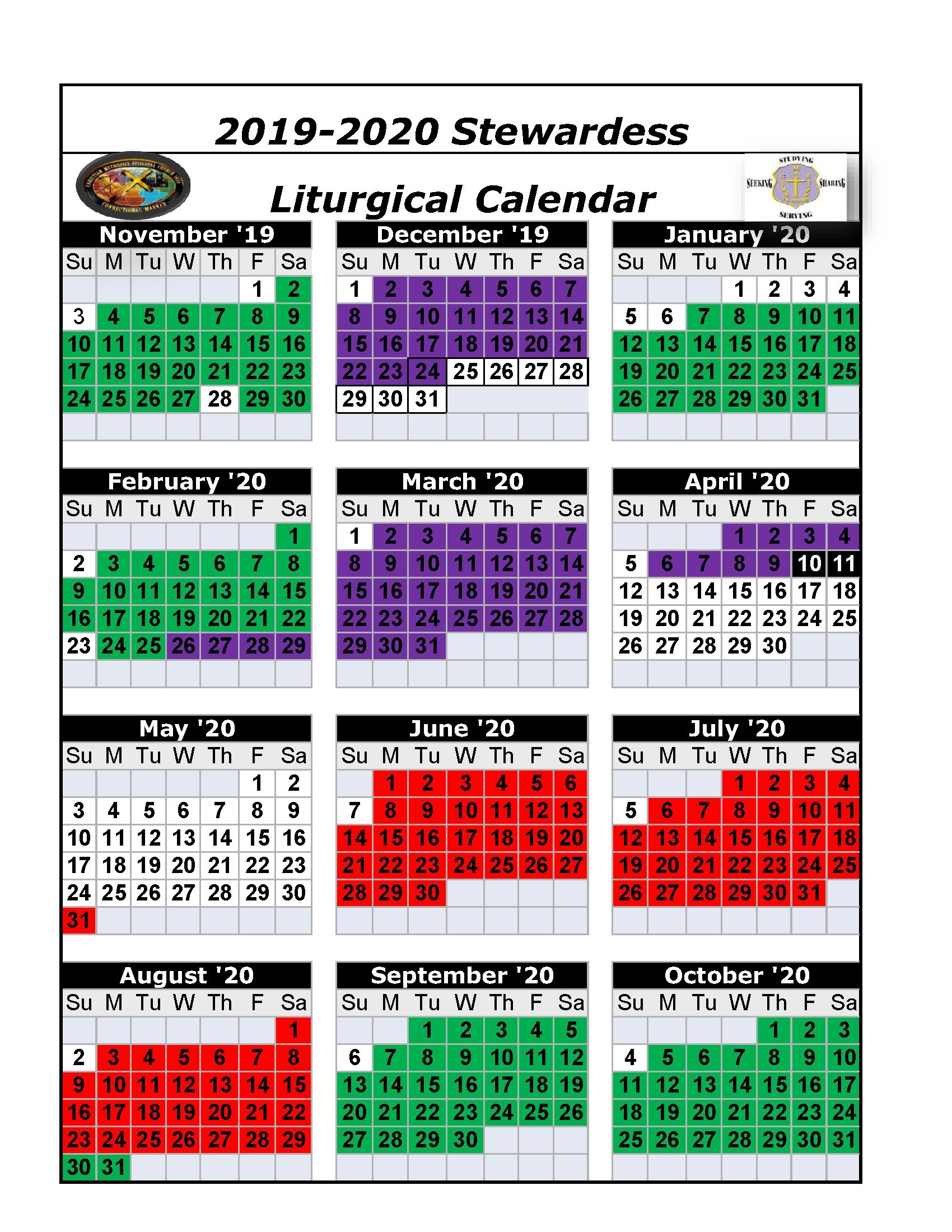 Printable Ame Liturgical Color Calendar 2020