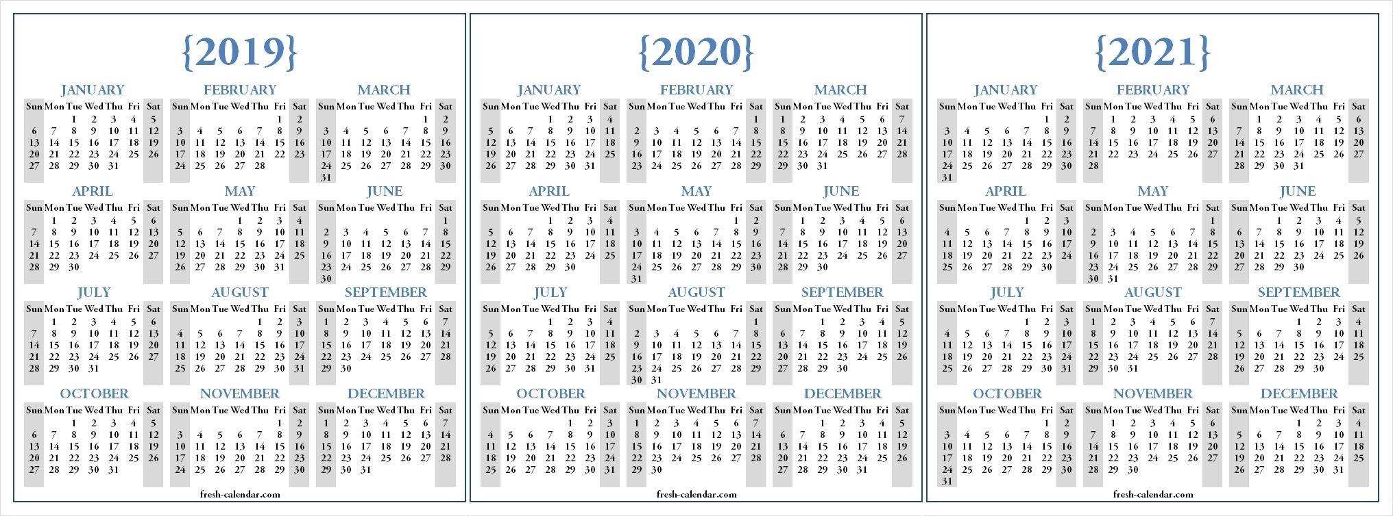 Three Yearly 2019 2020 2021 Calendar Printable Free | Blank within Three-Year Calendar 2019 2020 2021