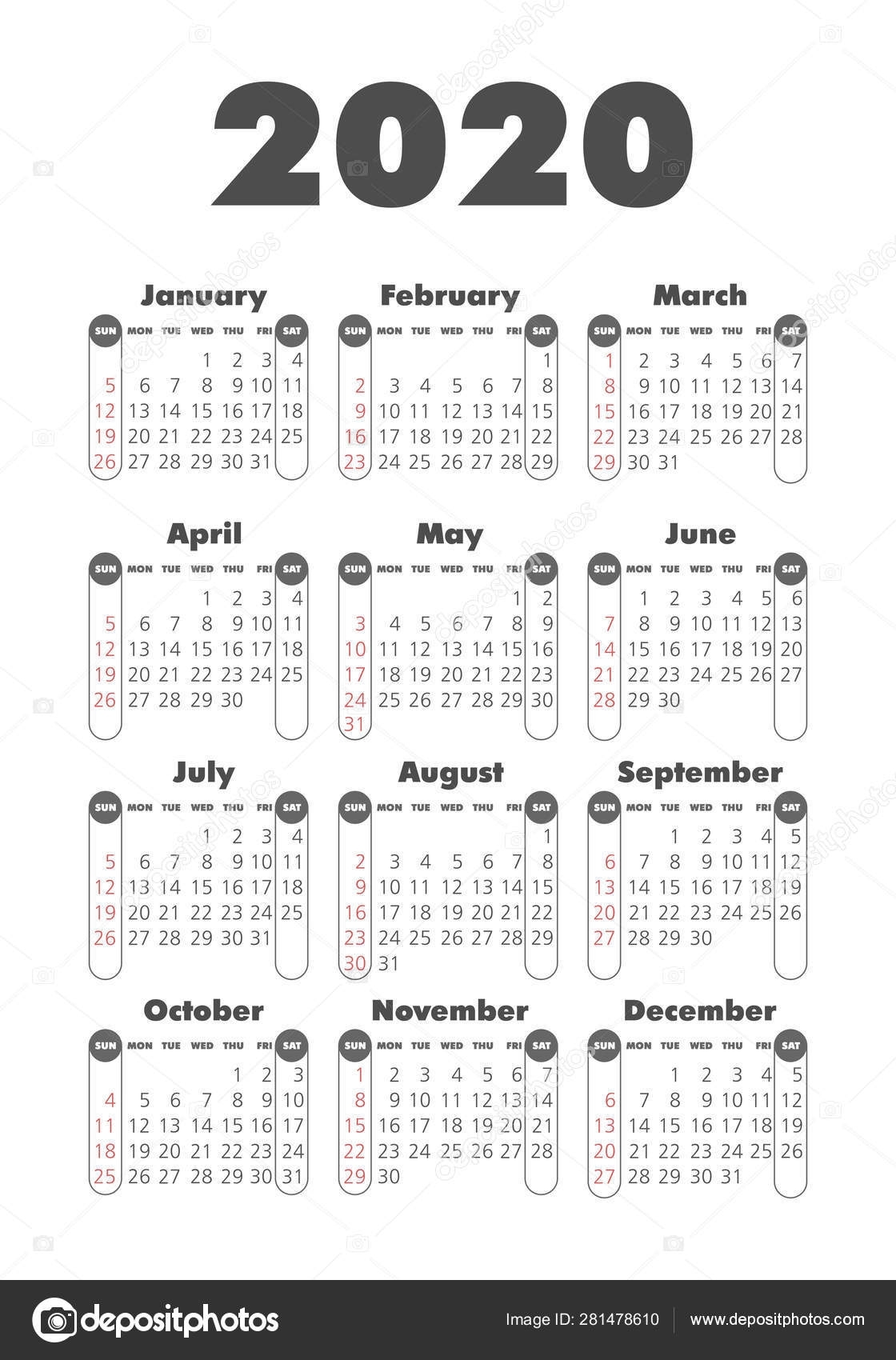 Vector Calendar 2020 Year. Week Starts From Sunday — Stock intended for Calendaer 2020 Monday To Sunday