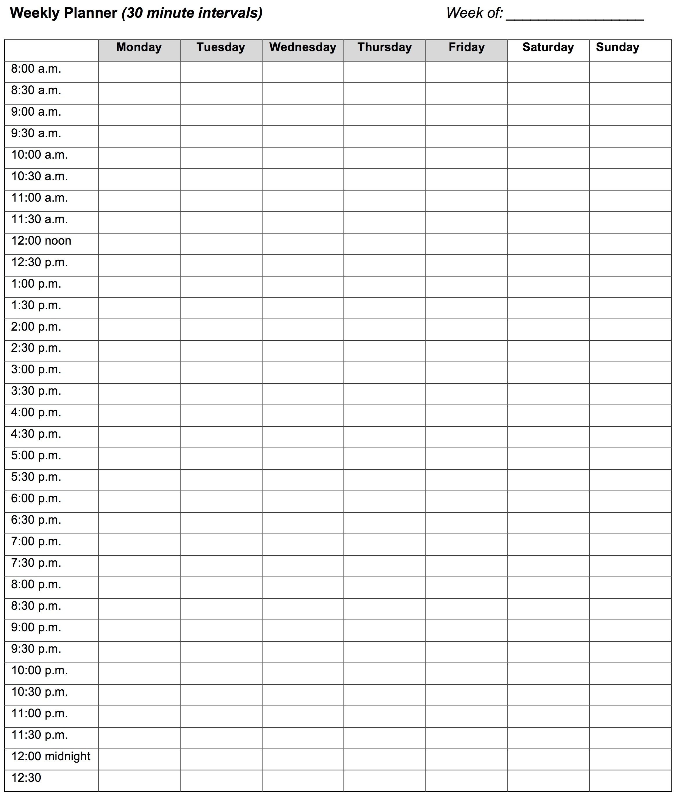 Weekly Planner 30 Minute Intervals With Daily Calendar with regard to 30 Day Calendars Free Printable